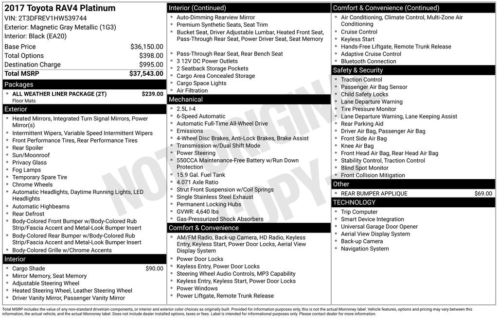 Used 2017 Toyota RAV4 Platinum w/ All Weather Liner Package AWD/4WD image 7