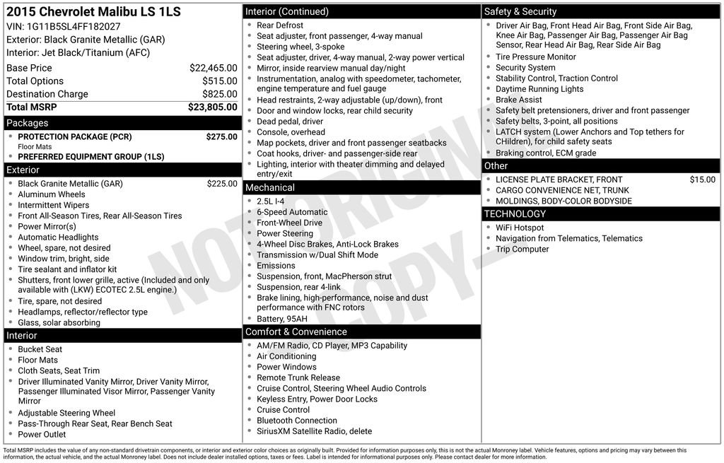 Used 2015 Chevrolet Malibu LS w/ Protection Package FWD image 3