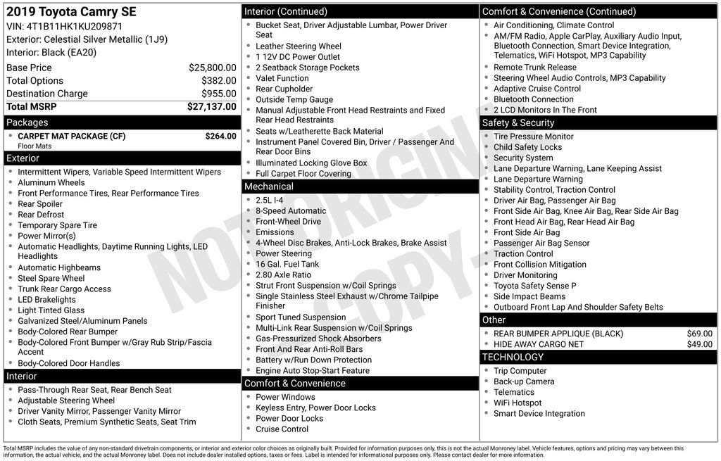 Used 2019 Toyota Camry SE w/ Carpet Mat Package image 8