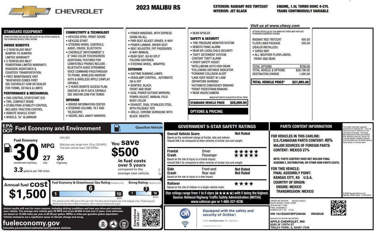 Used 2023 Chevrolet Malibu RS w/ LPO, Floor Liner Package FWD image 24