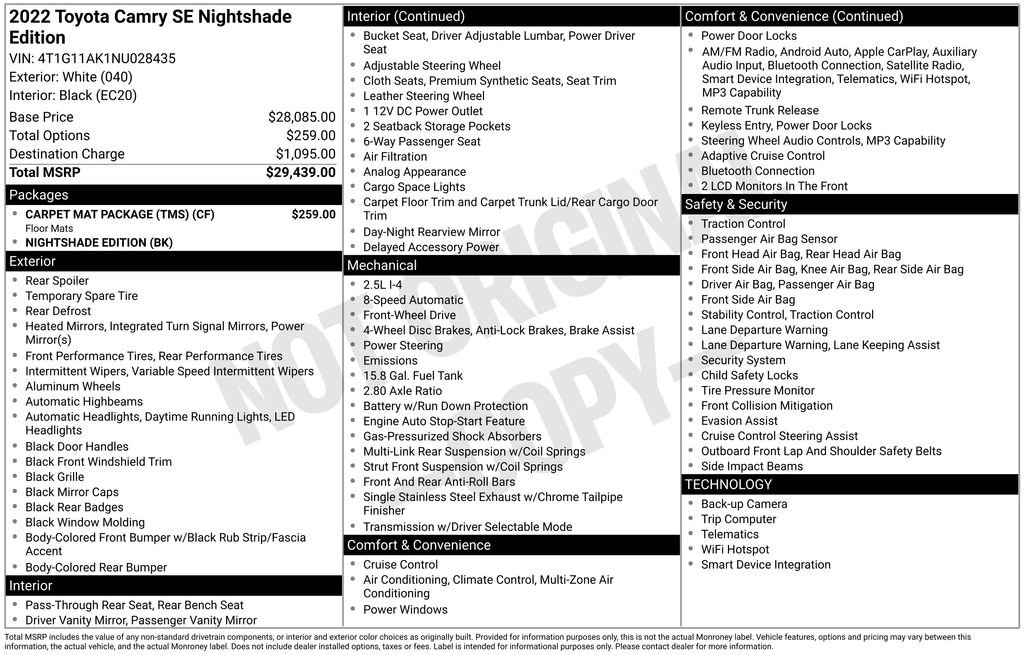 Used 2022 Toyota Camry SE w/ Carpet Mat Package (TMS) image 15