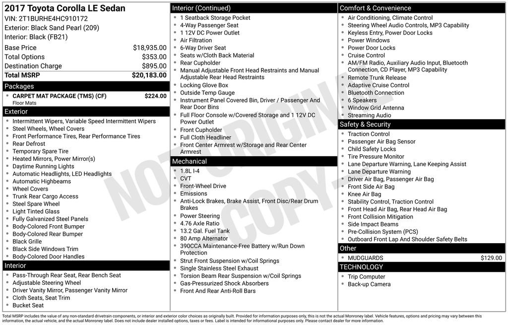 Used 2017 Toyota Corolla LE w/ Carpet Mat Package (TMS) FWD image 6