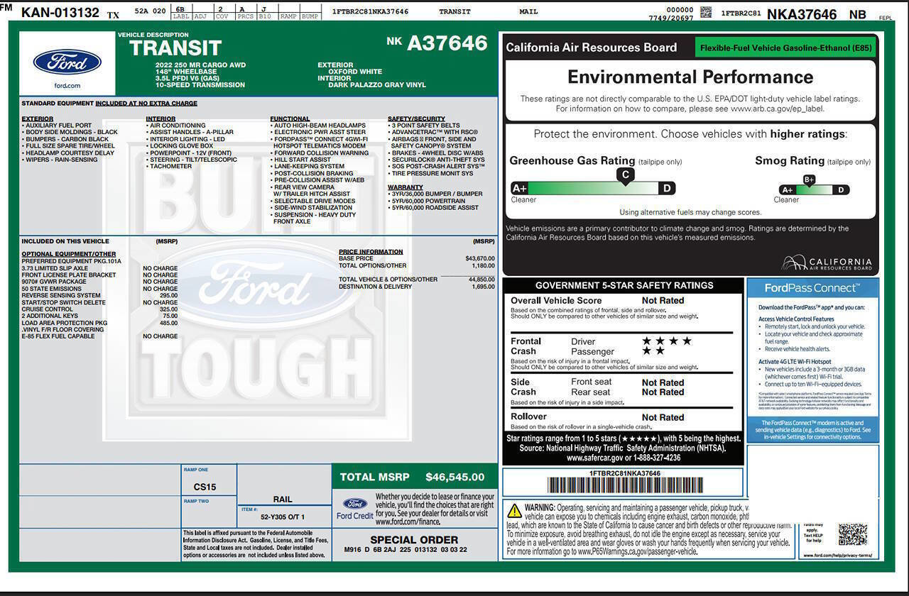 Used 2022 Ford Transit 250 Medium Roof AWD w/ Load Area Protection Package image 7