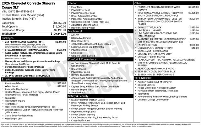 New 2026 Chevrolet Corvette Stingray Premium Cpe w/ Z51 Performance Package image 17