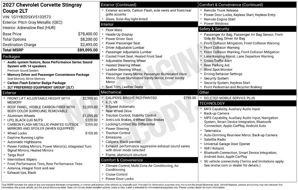 New 2027 Chevrolet Corvette Stingray Coupe w/ 2LT RWD image 9