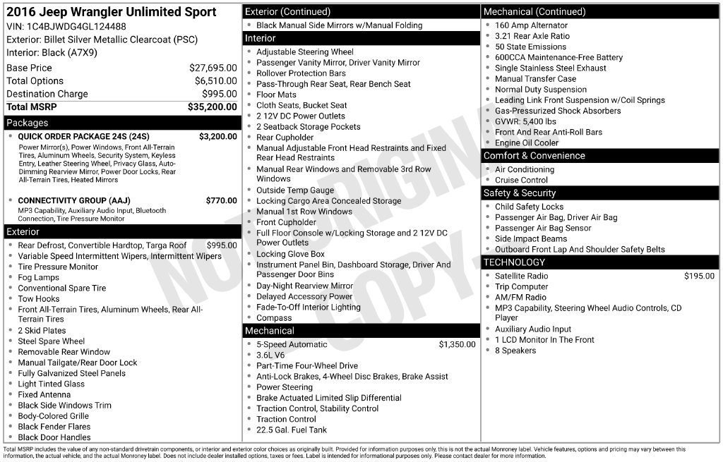 Used 2016 Jeep Wrangler Unlimited Sport w/ Quick Order Package 24S AWD/4WD image 32