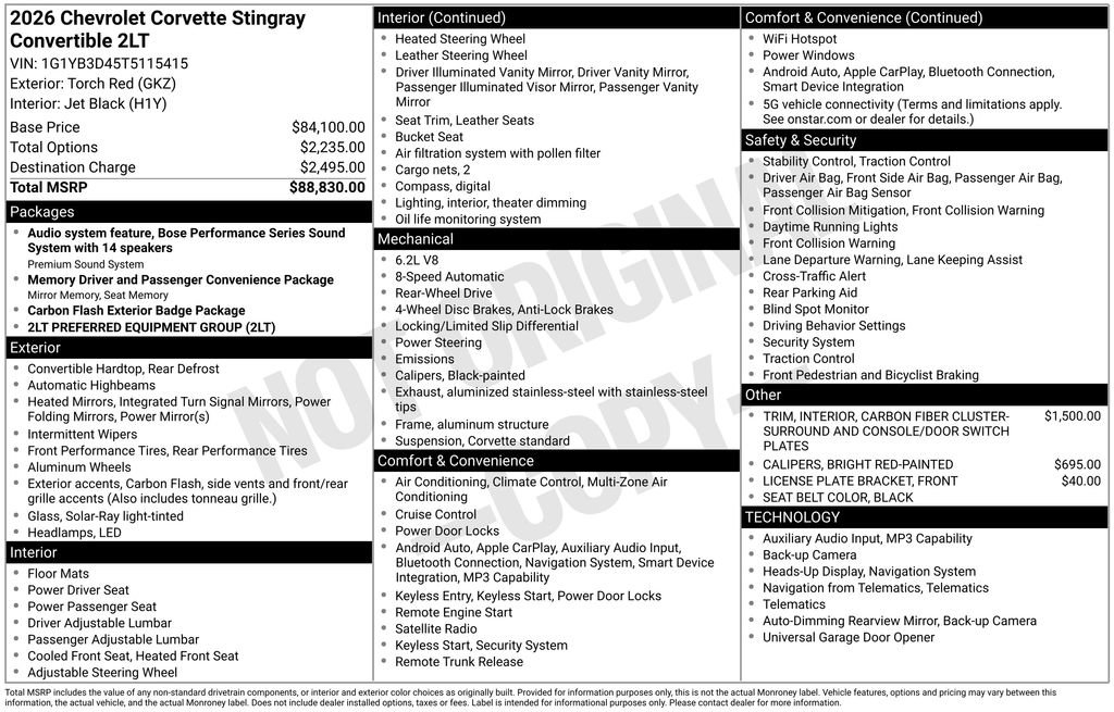 New 2026 Chevrolet Corvette Stingray Preferred Conv w/ 2LT RWD image 6