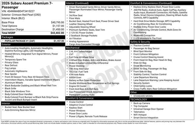 New 2026 Subaru Ascent Premium w/ Popular Package #1 AWD/4WD image 5
