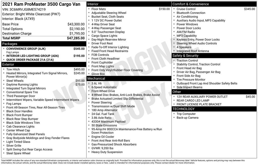 Used 2021 RAM ProMaster 3500 w/ Convenience Group FWD image 20