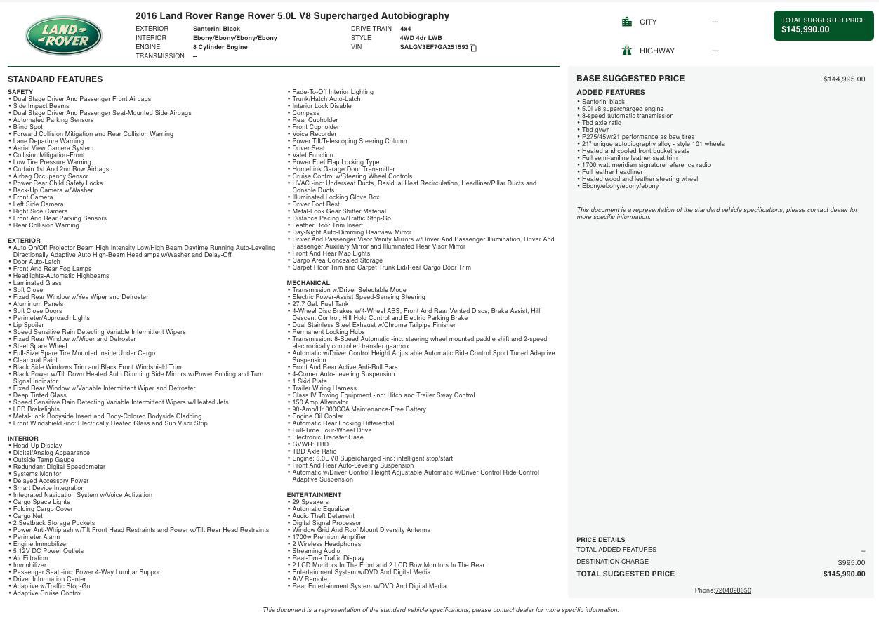 Used 2016 Land Rover Range Rover Long Wheelbase Autobiography image 2