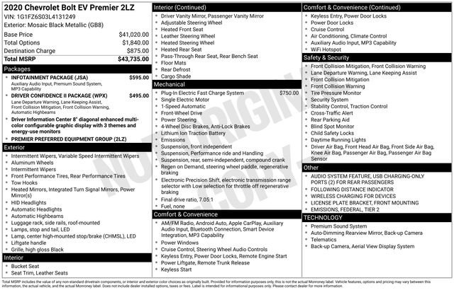 Used 2020 Chevrolet Bolt Premier w/ Infotainment Package FWD image 41