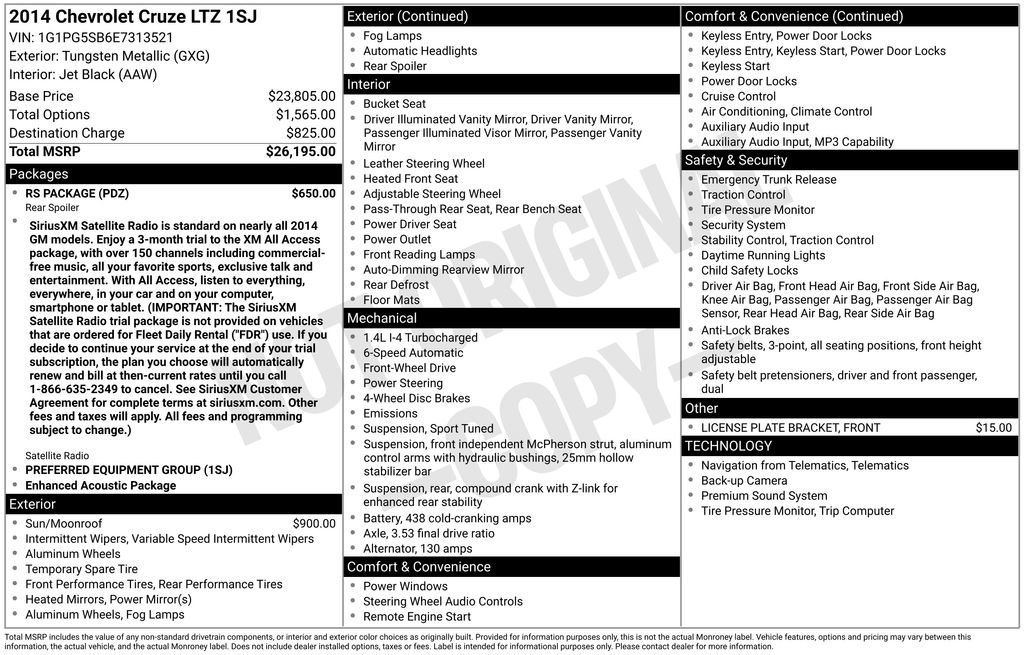 Used 2014 Chevrolet Cruze LTZ w/ RS Package FWD image 2