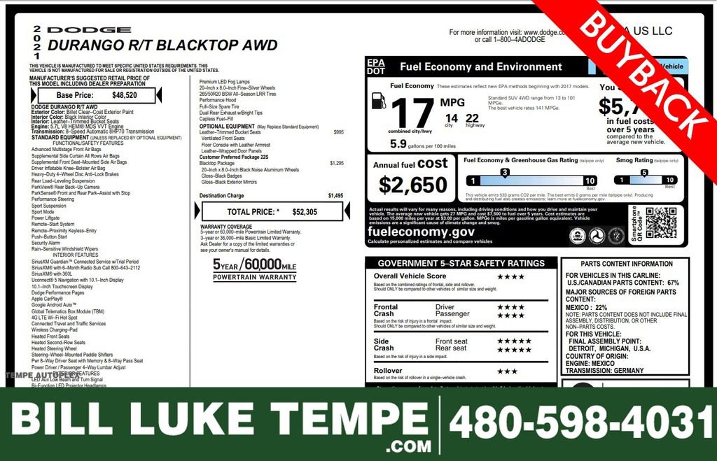 Used 2021 Dodge Durango R/T w/ Blacktop Package