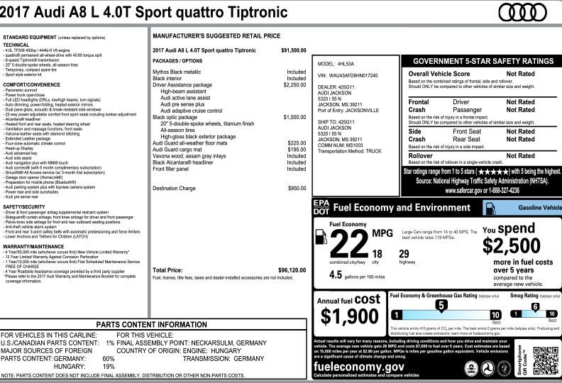 Used 2017 Audi A8 L 4.0T w/ Driver Assistance Package image 3