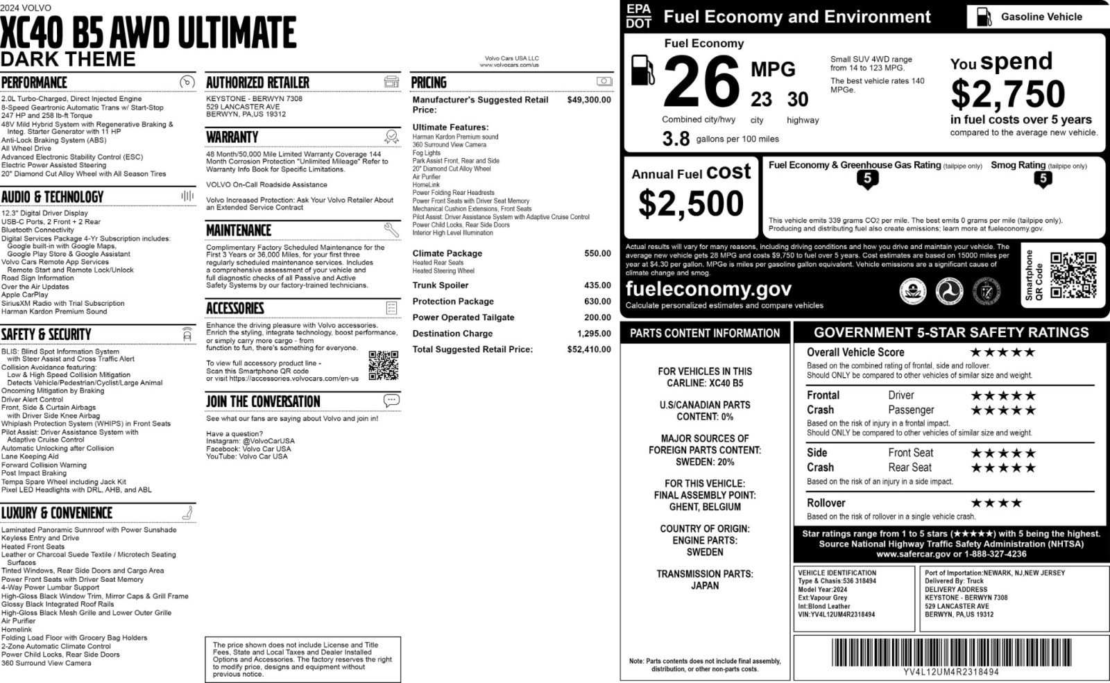 Used 2024 Volvo XC40 B5 Ultimate w/ Protection Package Premier image 58