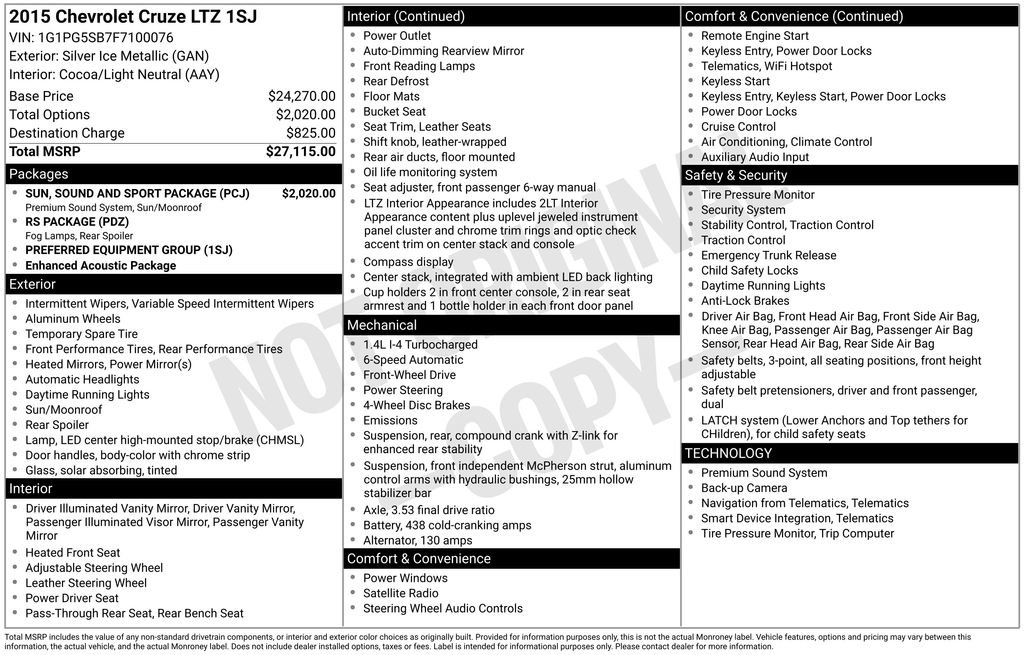 Used 2015 Chevrolet Cruze LTZ w/ Sun, Sound and Sport Package FWD image 2