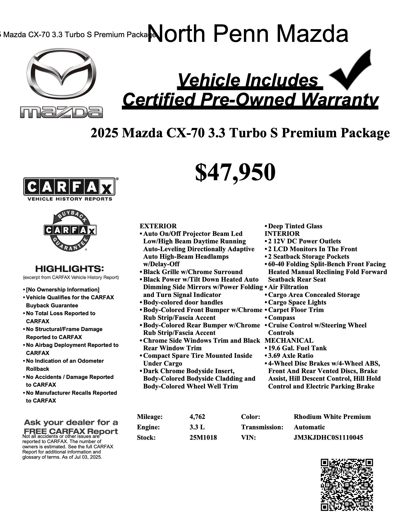 Certified 2025 MAZDA CX-70 3.3 Turbo S w/ Premium Package image 36
