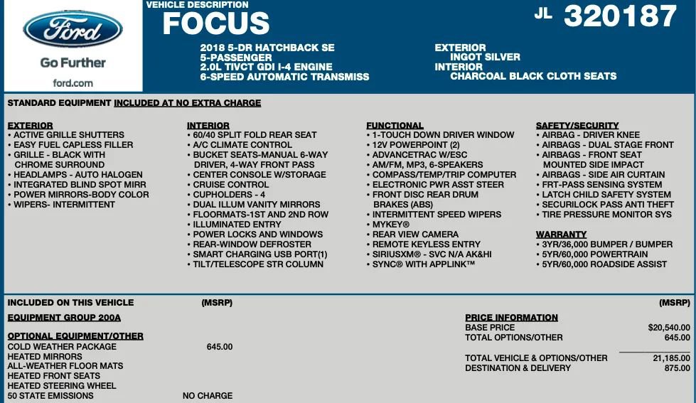 Used 2018 Ford Focus SE w/ Cold Weather Package FWD image 2