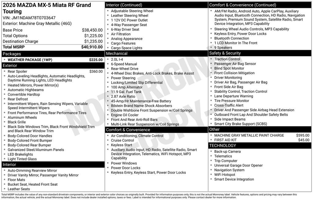 New 2026 MAZDA MX-5 Miata RF Grand Touring w/ Weather Package RWD image 3