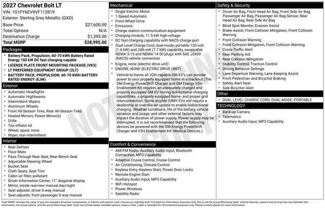 New 2027 Chevrolet Bolt LT FWD image 1
