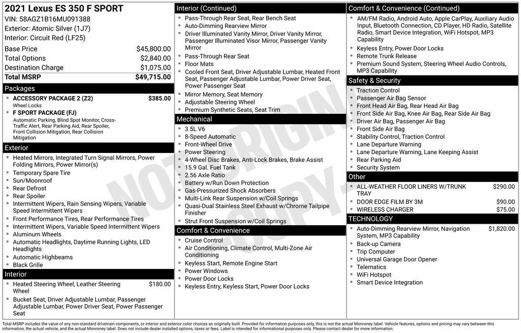 Used 2021 Lexus ES 350 F Sport w/ Accessory Package 2 image 22