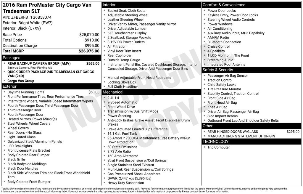 Used 2016 RAM ProMaster City Tradesman SLT w/ Rear Back-up Camera Group image 5