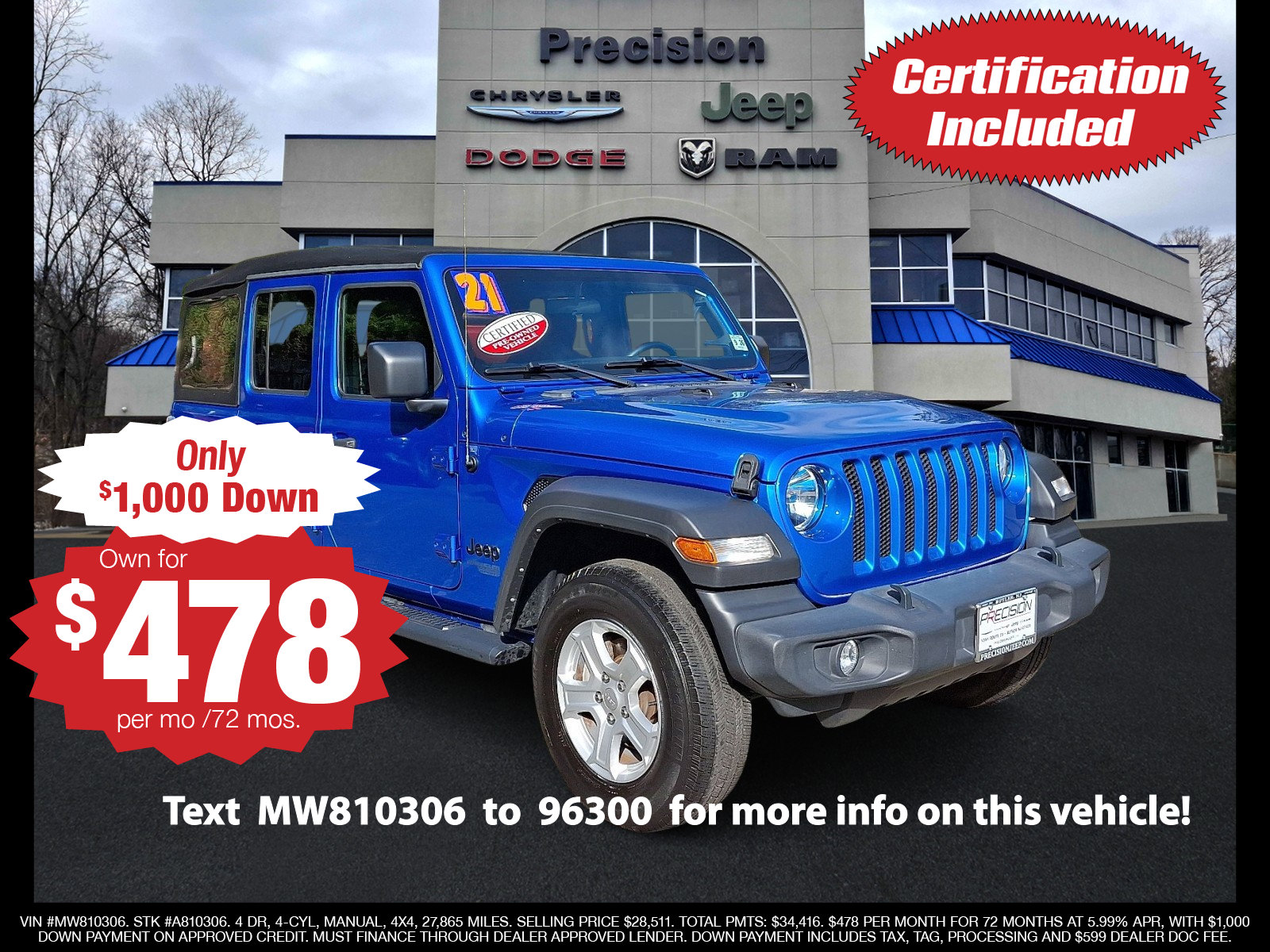 Certified 2021 Jeep Wrangler Unlimited Sport AWD/4WD image 1