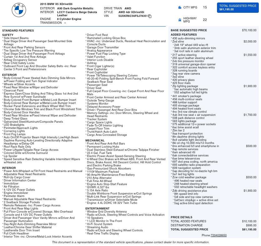 Used 2015 BMW X5 xDrive50i image 2