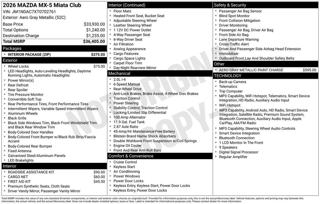 New 2026 MAZDA MX-5 Miata Club w/ Interior Package RWD image 38