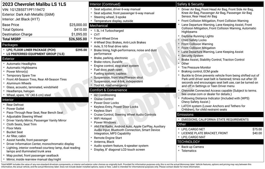 Used 2023 Chevrolet Malibu LS w/ LPO, Floor Liner Package image 7