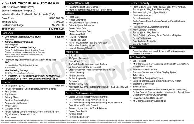New 2026 GMC Yukon XL AT4 Ultimate w/ LPO, Floor Liner Package AWD/4WD image 4