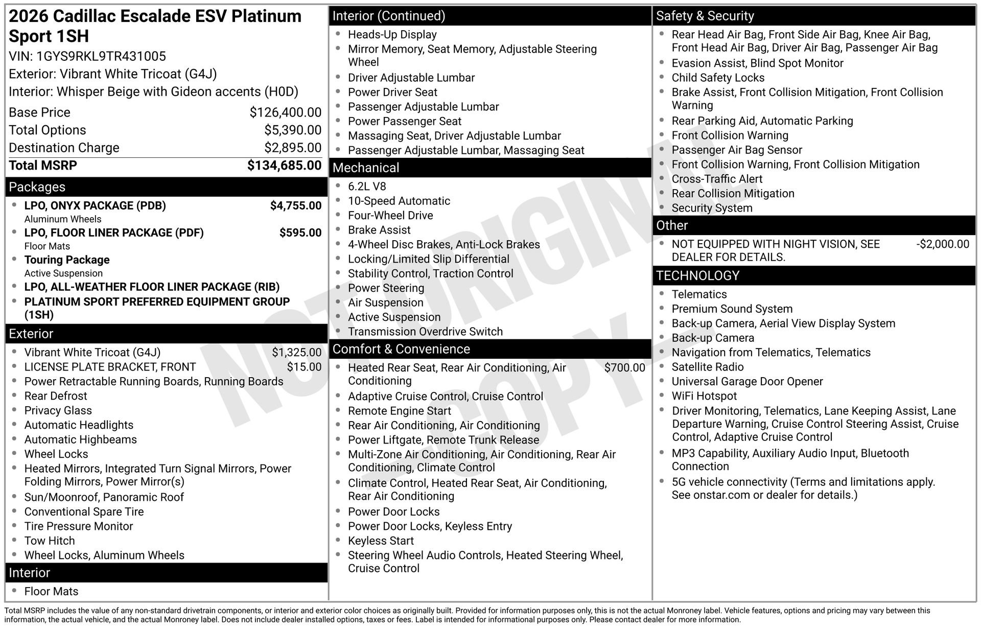 New 2026 Cadillac Escalade ESV Platinum Sport w/ LPO, ONYX Package AWD/4WD image 1