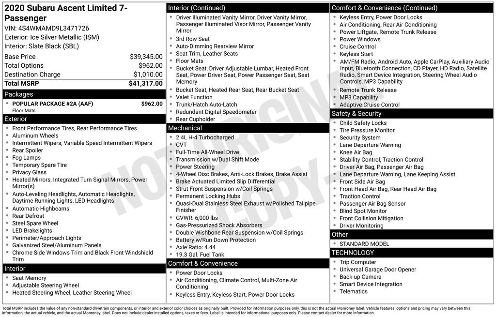 Used 2020 Subaru Ascent Limited w/ Popular Package #2A image 41