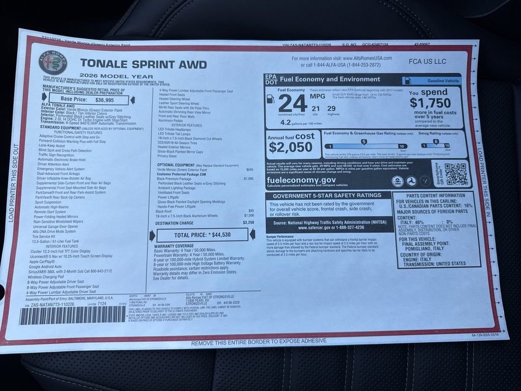 New 2026 Alfa Romeo Tonale Sprint w/ Black Premium Package image 25