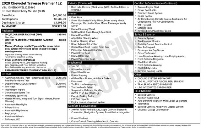Used 2020 Chevrolet Traverse Premier w/ LPO, Floor Liner Package FWD image 1