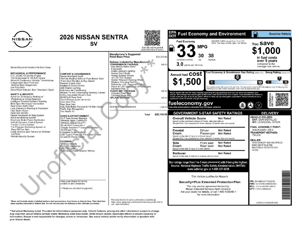 Certified 2026 Nissan Sentra SV w/ SV Convenience Package FWD image 2