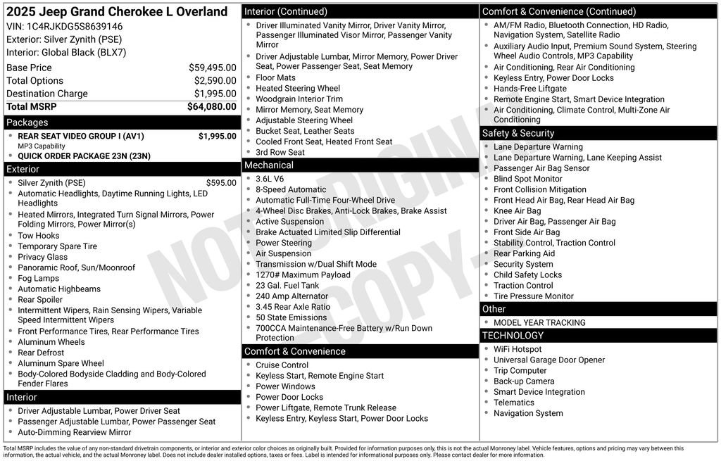 Certified 2025 Jeep Grand Cherokee L Overland w/ Rear Seat Video Group I AWD/4WD image 47