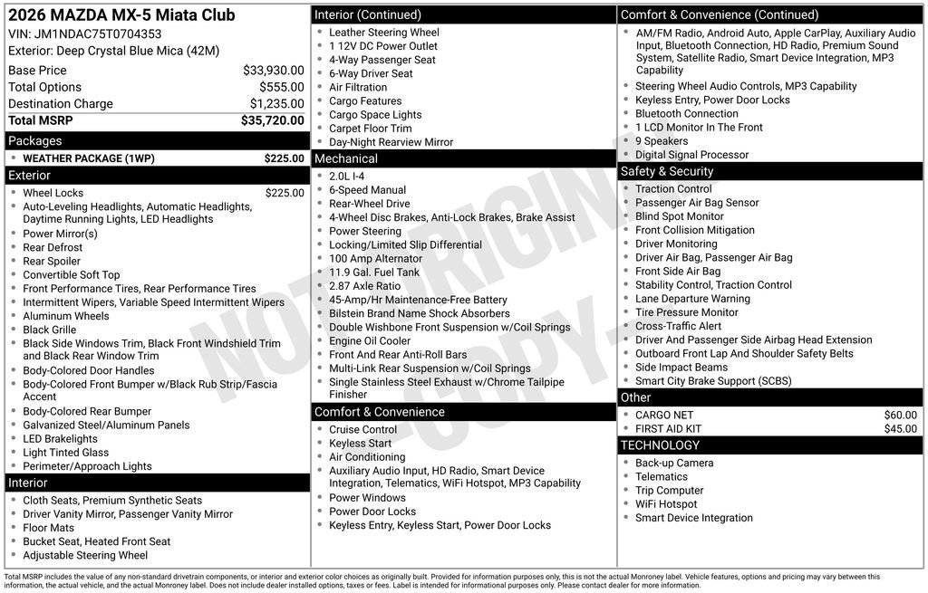 New 2026 MAZDA MX-5 Miata Club w/ Weather Package RWD image 6