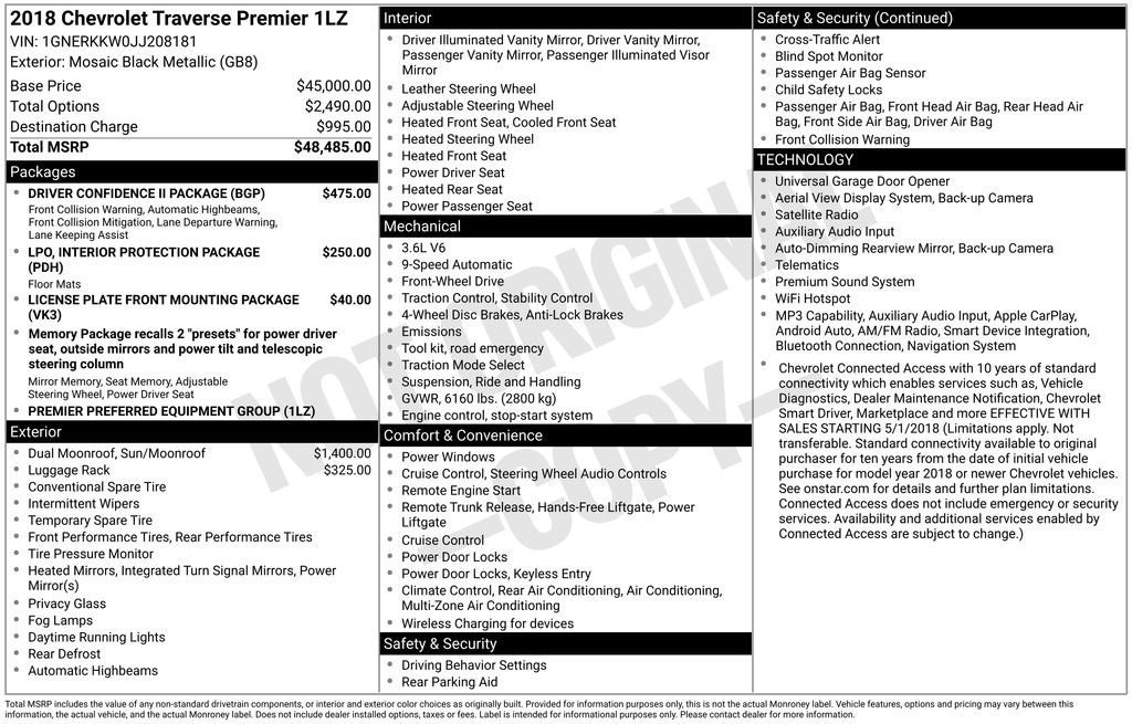 Used 2018 Chevrolet Traverse Premier w/ Driver Confidence II Package FWD image 6