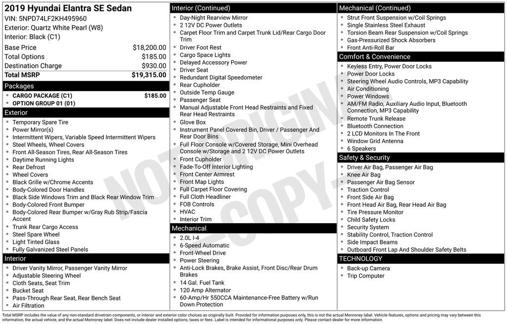Used 2019 Hyundai Elantra SE w/ Cargo Package