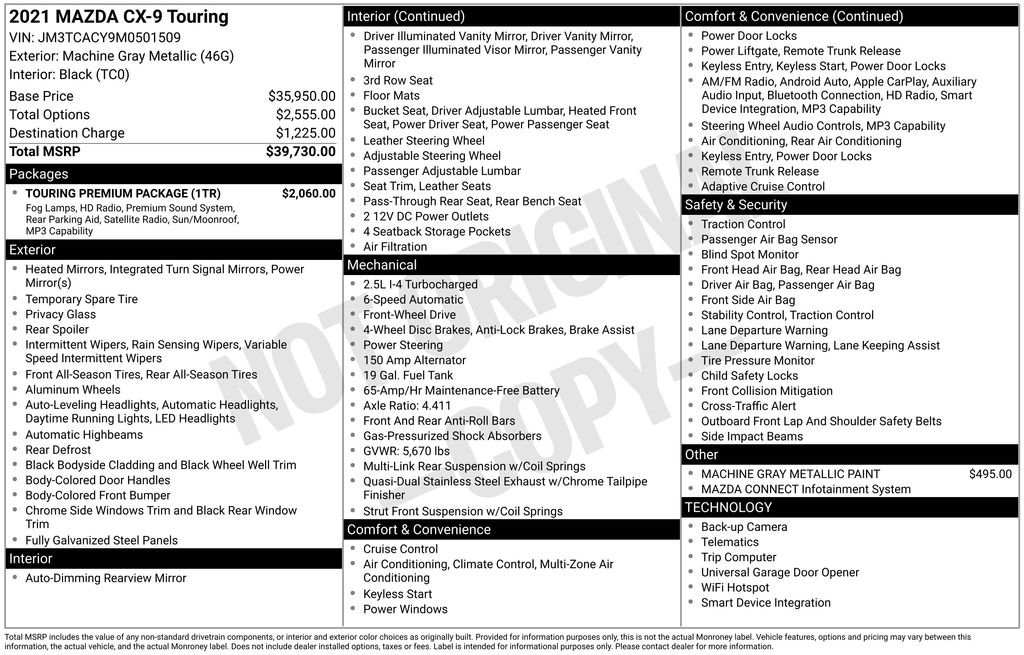 Used 2021 MAZDA CX-9 Touring w/ Touring Premium Package FWD image 45