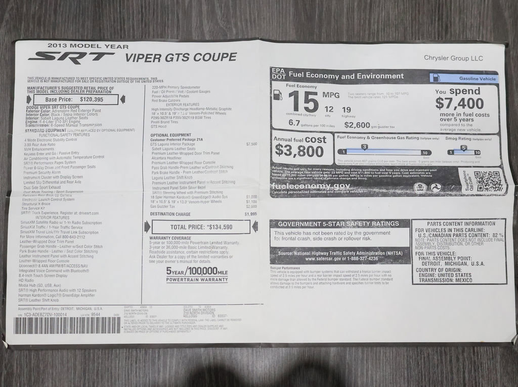 Used 2013 SRT Viper GTS w/ GTS Laguna Interior Pkg image 72