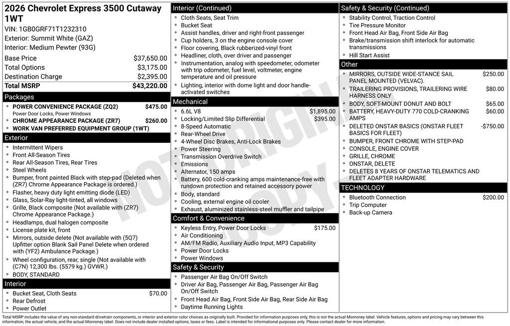 New 2026 Chevrolet Express 3500 w/ Power Convenience Package RWD image 17
