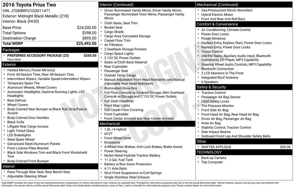 Used 2016 Toyota Prius Two w/ Preferred Accessory Package FWD image 12