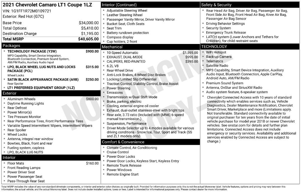 Certified 2021 Chevrolet Camaro LT w/ Technology Package RWD image 33