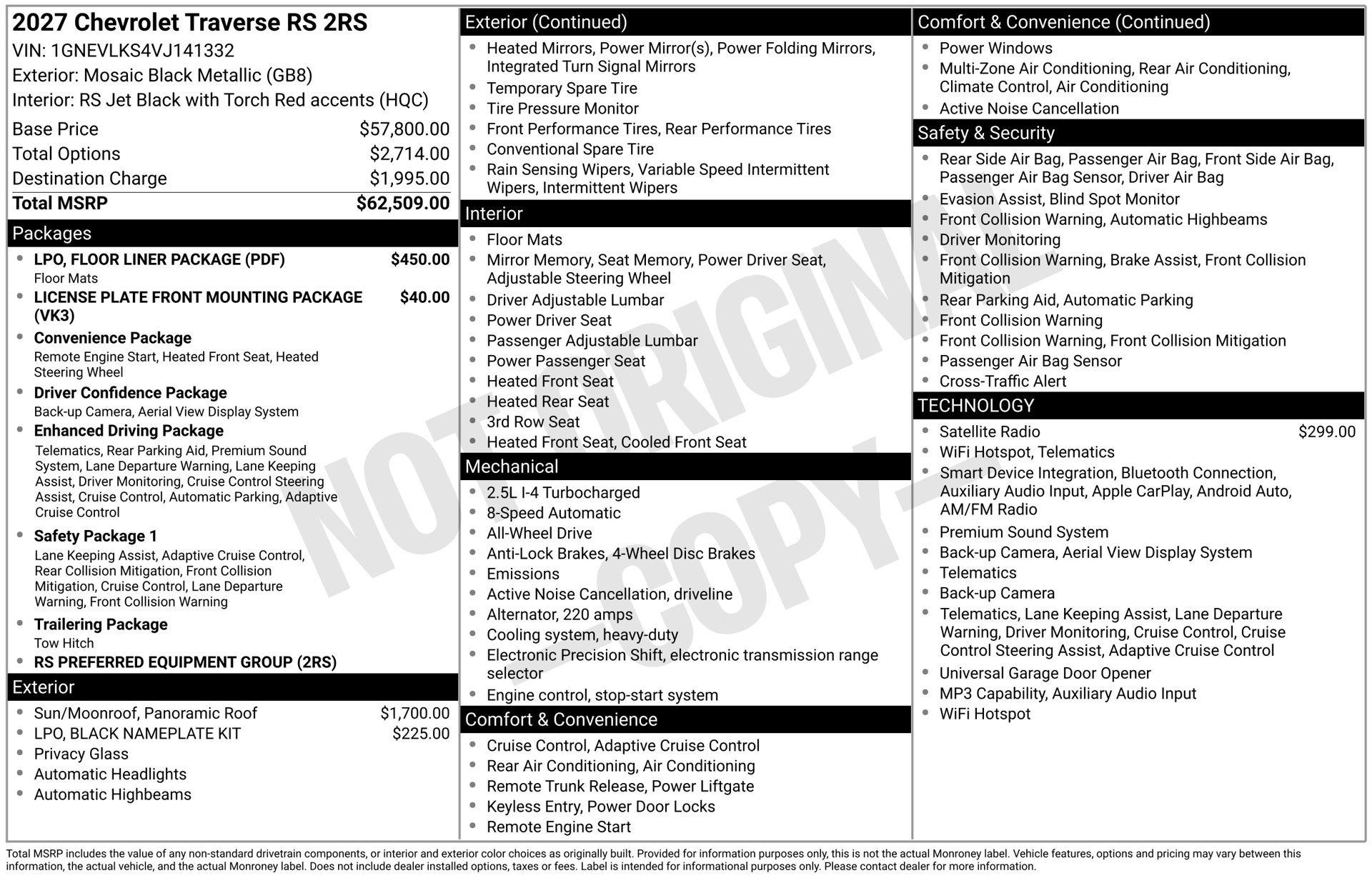 New 2027 Chevrolet Traverse RS w/ LPO, Floor Liner Package AWD/4WD image 3