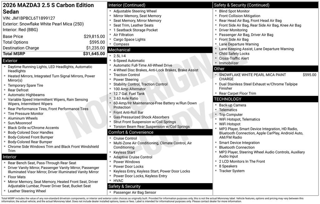 New 2026 MAZDA MAZDA3 Carbon AWD/4WD image 3