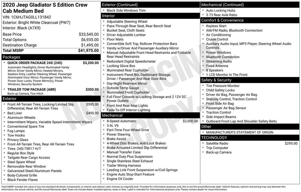 Used 2020 Jeep Gladiator Sport w/ Quick Order Package 24S image 3