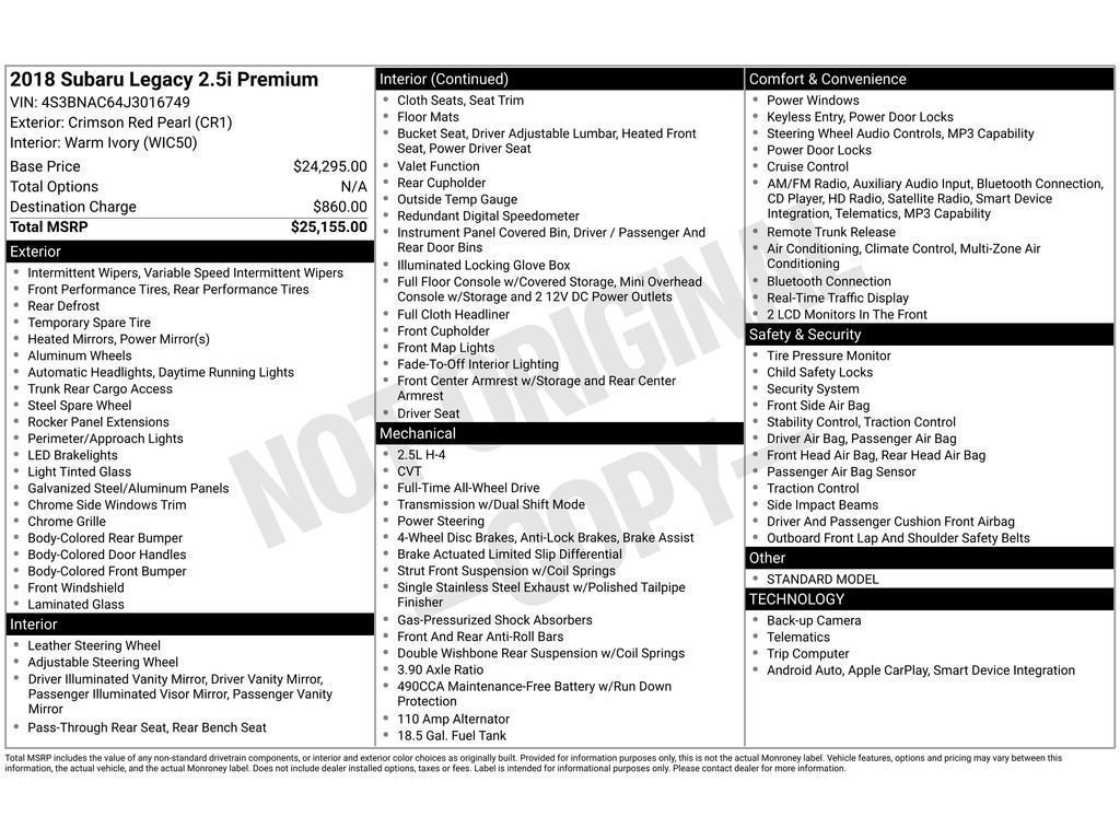 Used 2018 Subaru Legacy 2.5i Premium image 2