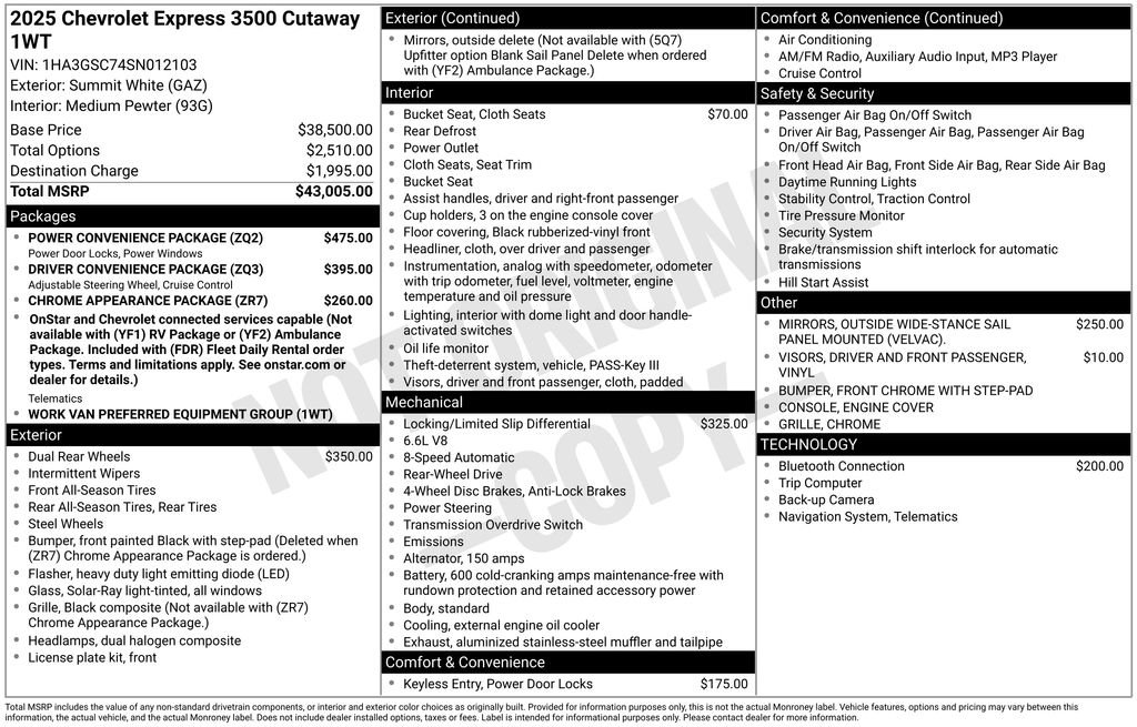 New 2025 Chevrolet Express 3500 w/ Power Convenience Package RWD image 26